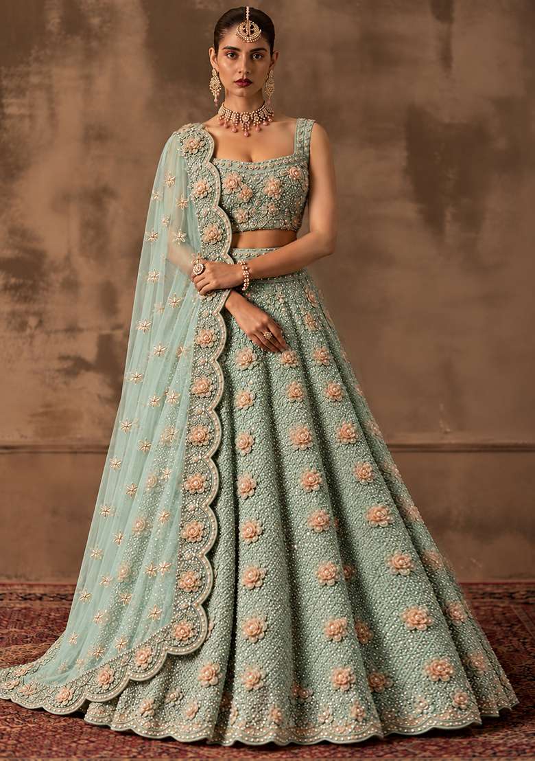 Aqua Blue Sequin and Cutdana Embellished Net Lehenga Set with Matching Dupatta - Indya