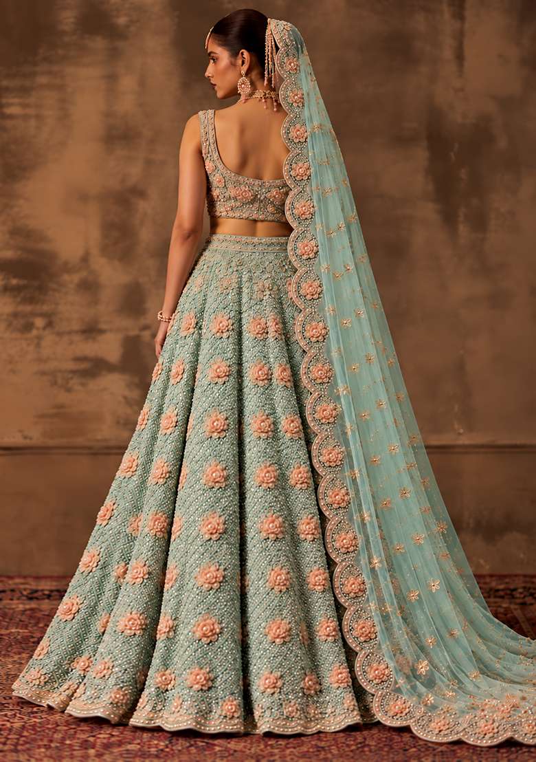 Aqua Blue Sequin and Cutdana Embellished Net Lehenga Set with Matching Dupatta - Indya