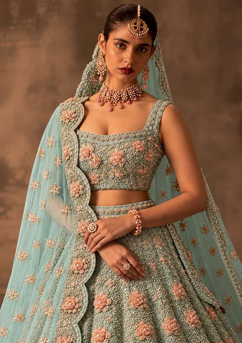 Aqua Blue Sequin and Cutdana Embellished Net Lehenga Set with Matching Dupatta - Indya