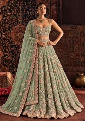 Leaf Green Sequin and Cutdana Embellished Georgette Lehenga Set with Net Dupatta