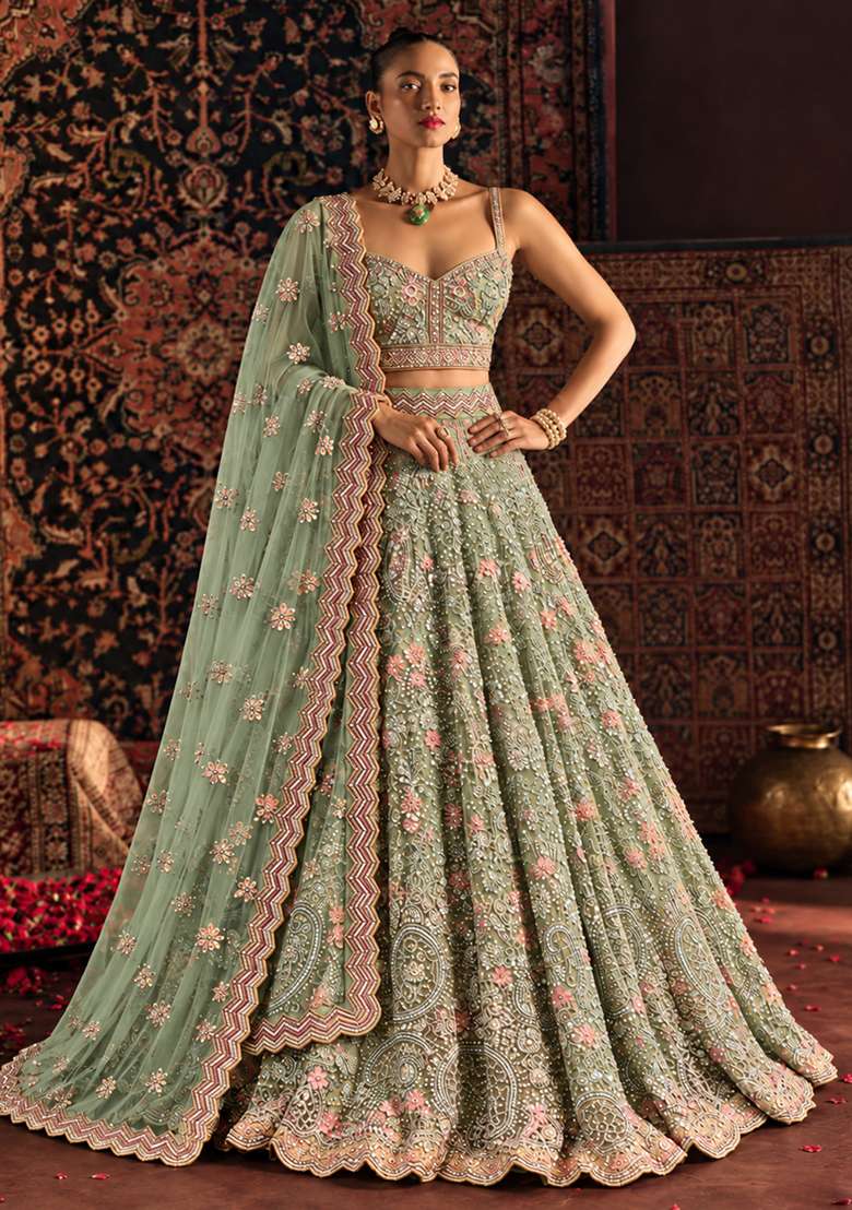 Leaf Green Sequin and Cutdana Embellished Georgette Lehenga Set with Net Dupatta - Indya
