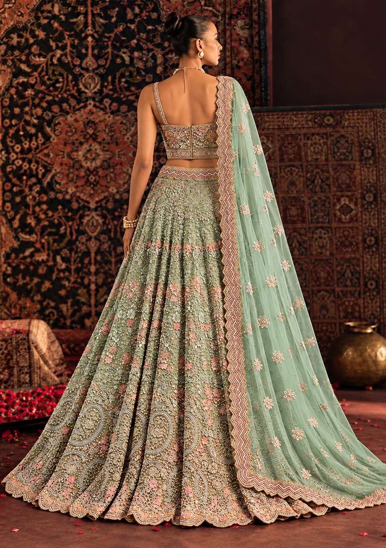 Leaf Green Sequin and Cutdana Embellished Georgette Lehenga Set with Net Dupatta - Indya