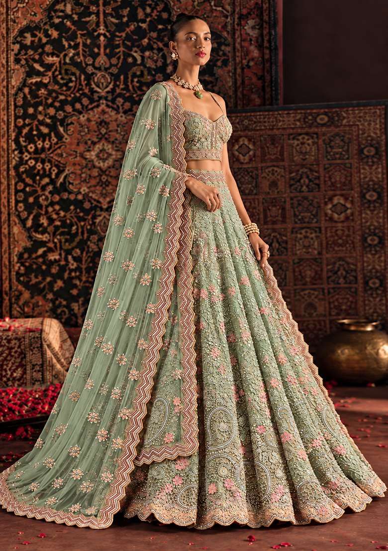 Leaf Green Sequin and Cutdana Embellished Georgette Lehenga Set with Net Dupatta - Indya