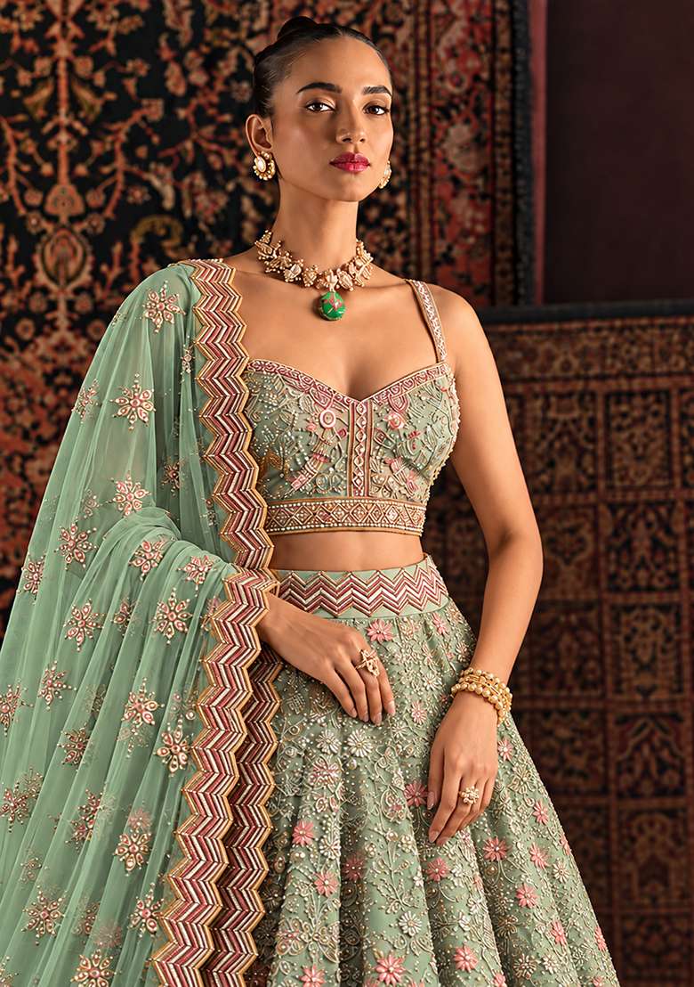 Leaf Green Sequin and Cutdana Embellished Georgette Lehenga Set with Net Dupatta - Indya
