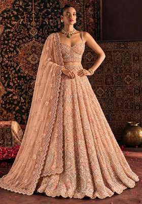 Peach Sequin and Cutdana Embellished Georgette Lehenga Set with Net Dupatta