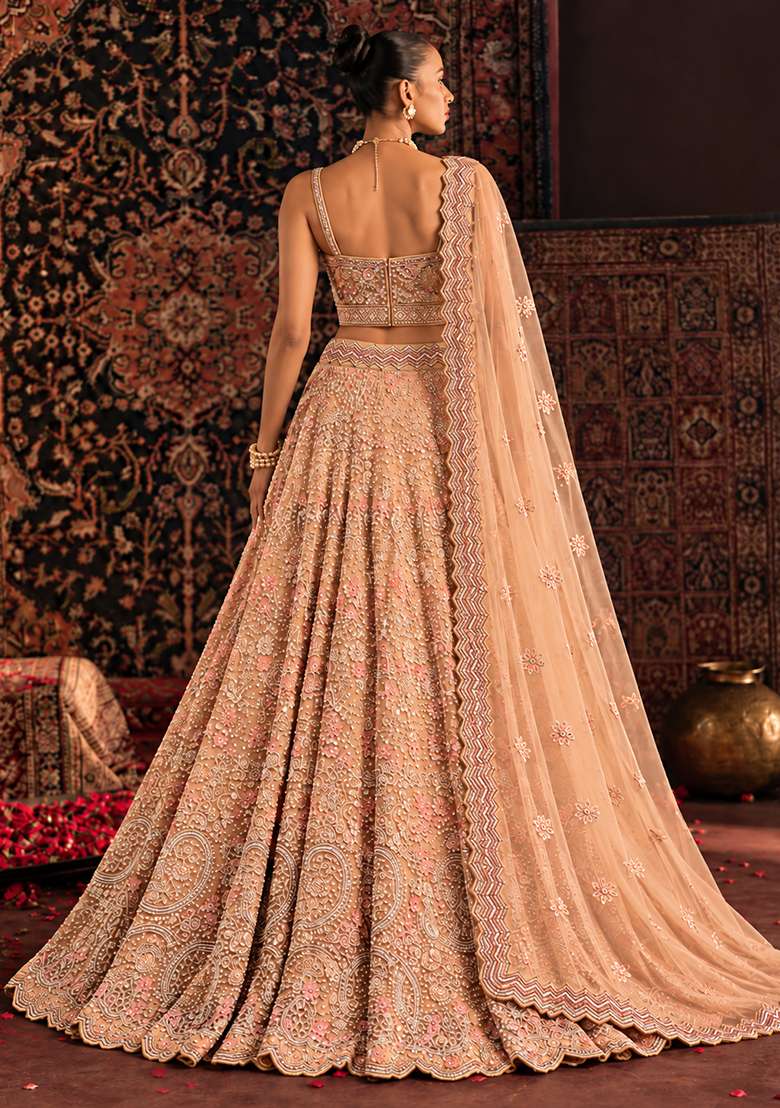 Peach Sequin and Cutdana Embellished Georgette Lehenga Set with Net Dupatta - Indya