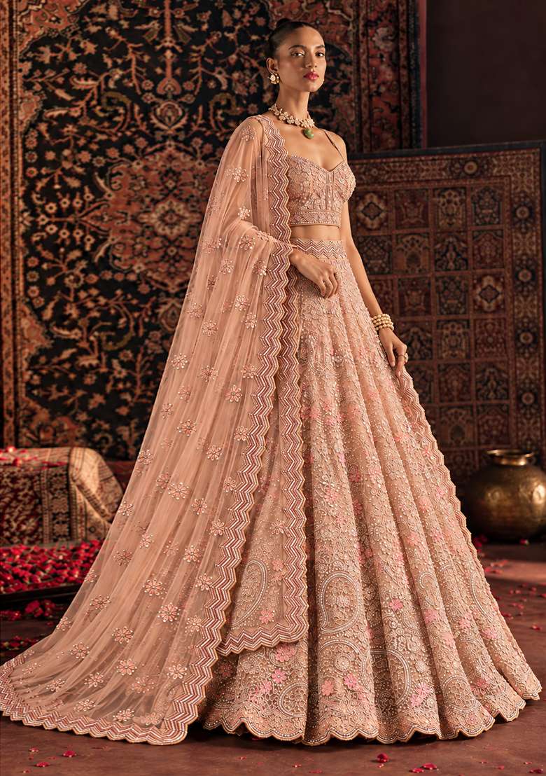 Peach Sequin and Cutdana Embellished Georgette Lehenga Set with Net Dupatta - Indya