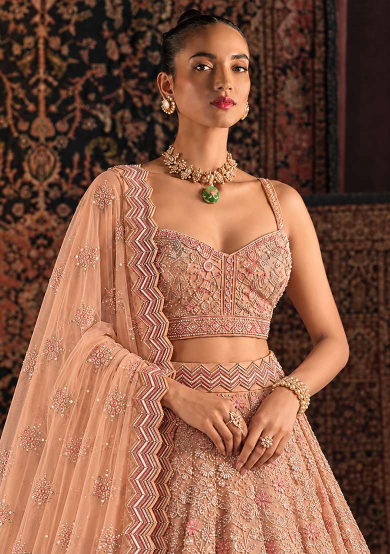 Peach Sequin and Cutdana Embellished Georgette Lehenga Set with Net Dupatta - Indya