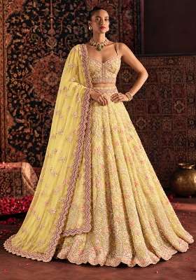 Lemon Yellow Sequin and Cutdana Embellished Georgette Lehenga Set with Net Dupatta