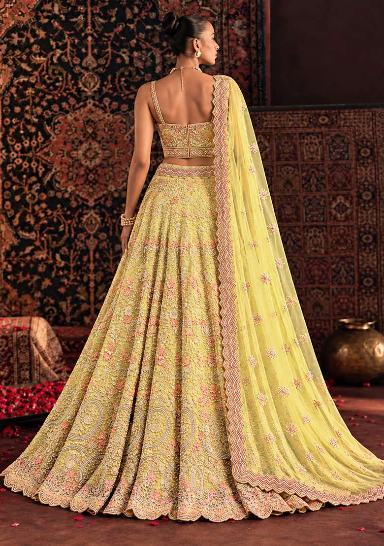 Lemon Yellow Sequin and Cutdana Embellished Georgette Lehenga Set with Net Dupatta - Indya
