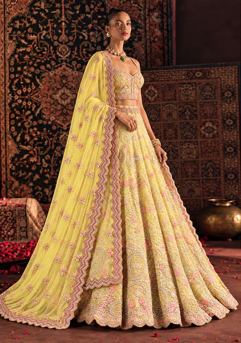 Lemon Yellow Sequin and Cutdana Embellished Georgette Lehenga Set with Net Dupatta - Indya