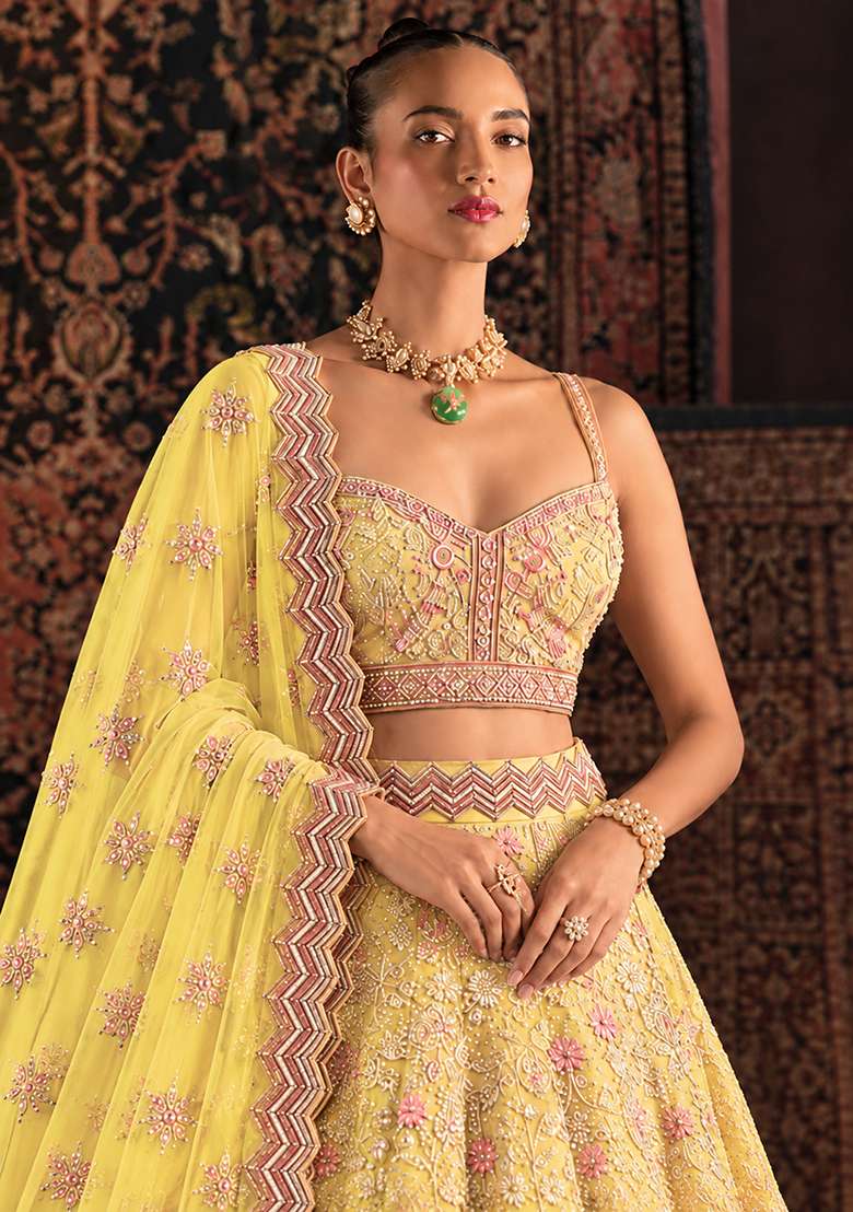 Lemon Yellow Sequin and Cutdana Embellished Georgette Lehenga Set with Net Dupatta - Indya
