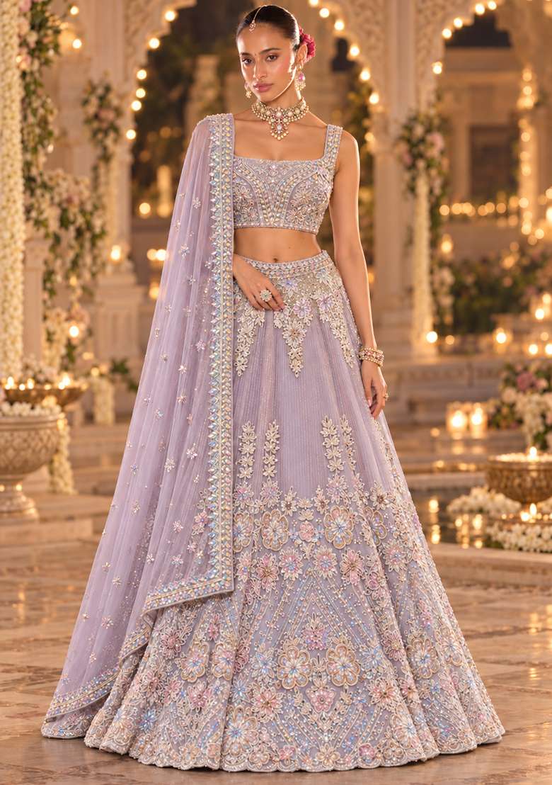 Lavender Sequin and Cutdana Embellished Net Lehenga Set with Matching Dupatta BWL00060 - Indya