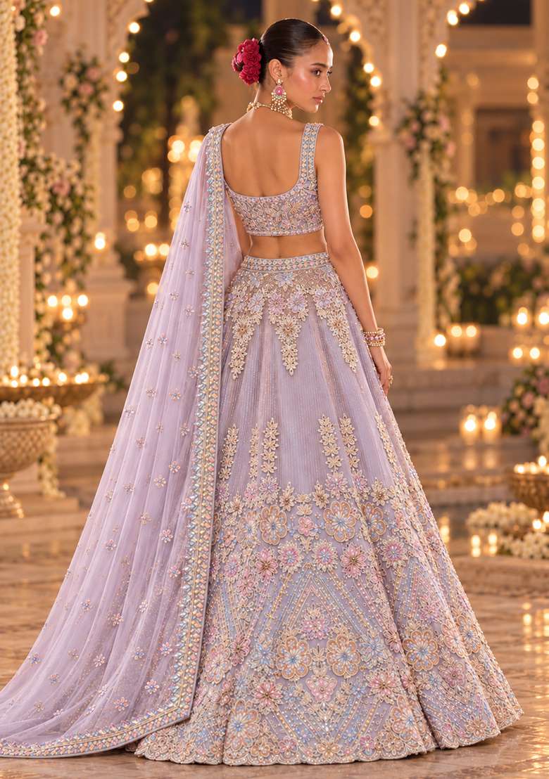 Lavender Sequin and Cutdana Embellished Net Lehenga Set with Matching Dupatta BWL00060 - Indya