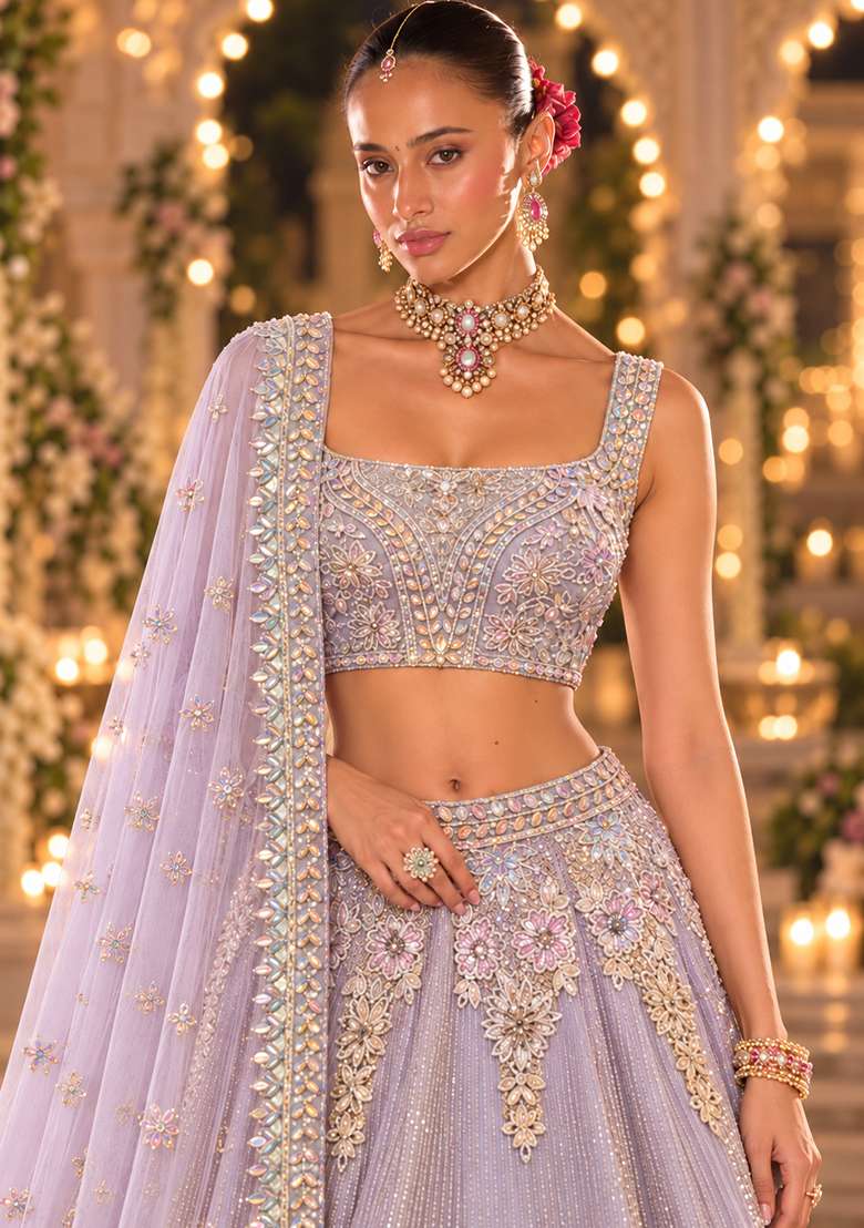 Lavender Sequin and Cutdana Embellished Net Lehenga Set with Matching Dupatta BWL00060 - Indya