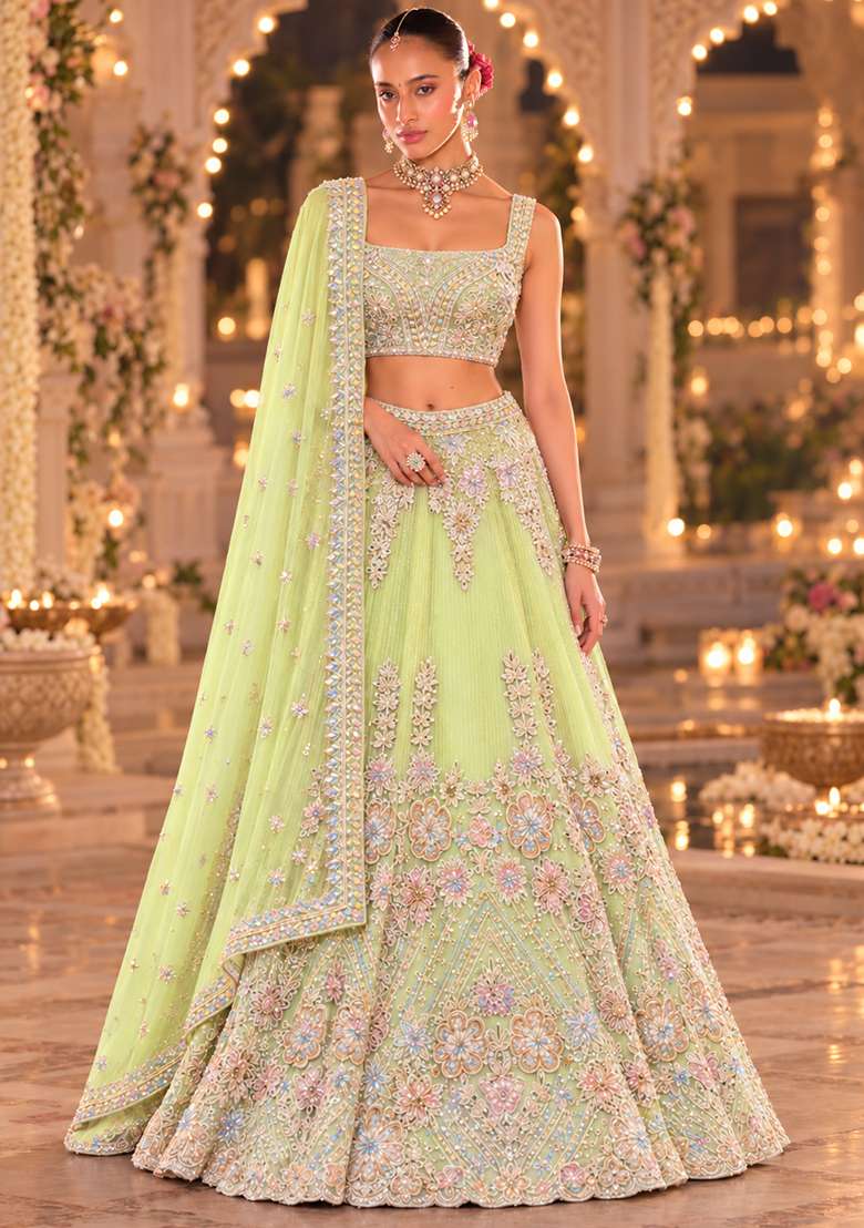 Lime Green Sequin and Cutdana Embellished Net Lehenga Set with Matching Dupatta - Indya