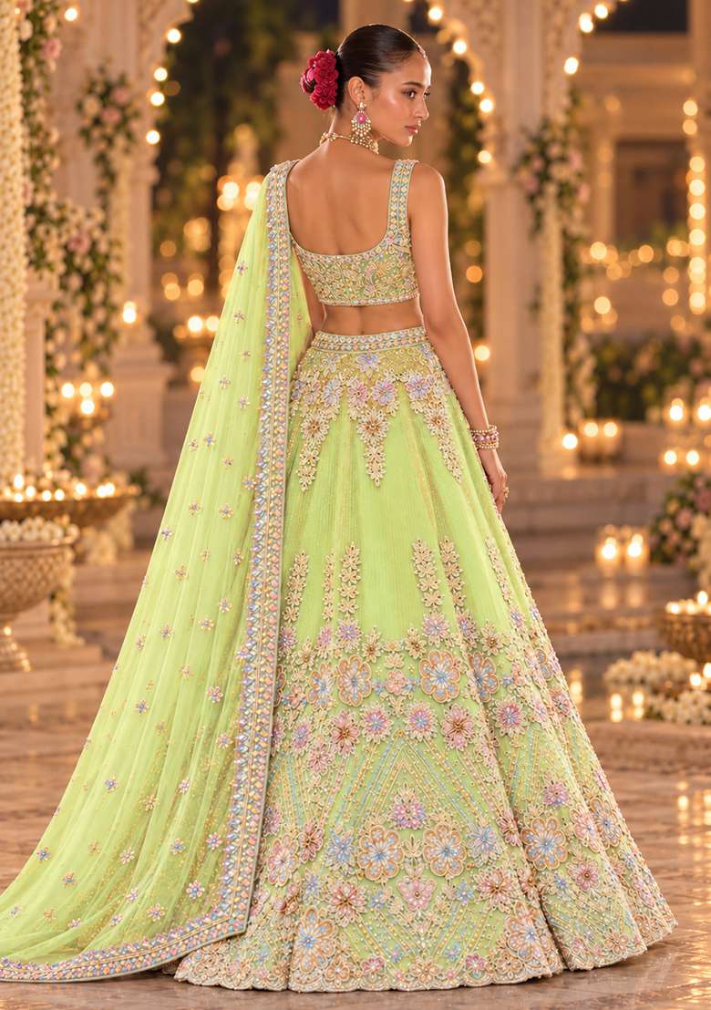 Lime Green Sequin and Cutdana Embellished Net Lehenga Set with Matching Dupatta - Indya