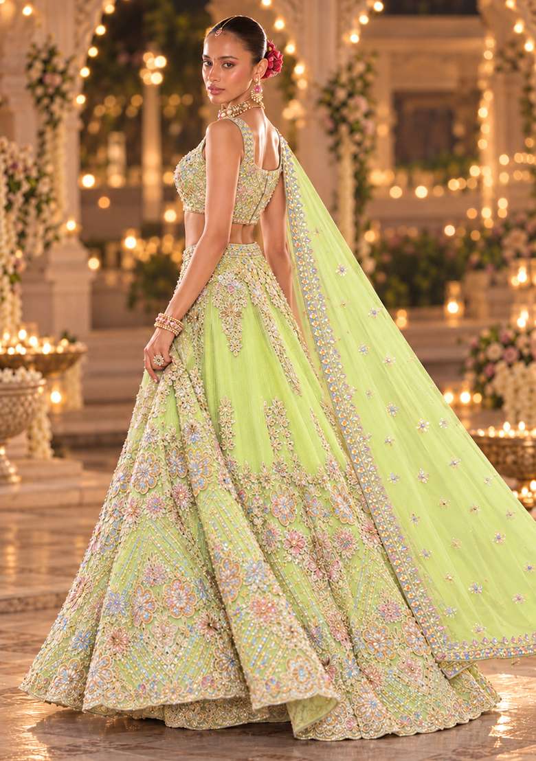 Lime Green Sequin and Cutdana Embellished Net Lehenga Set with Matching Dupatta - Indya