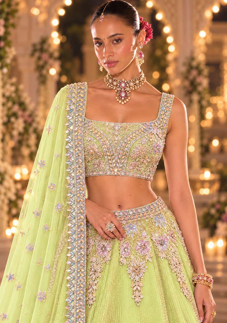 Lime Green Sequin and Cutdana Embellished Net Lehenga Set with Matching Dupatta - Indya