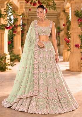 Pastel Green Bead and Cutdana Embellished Organza Lehenga Set with Net Dupatta