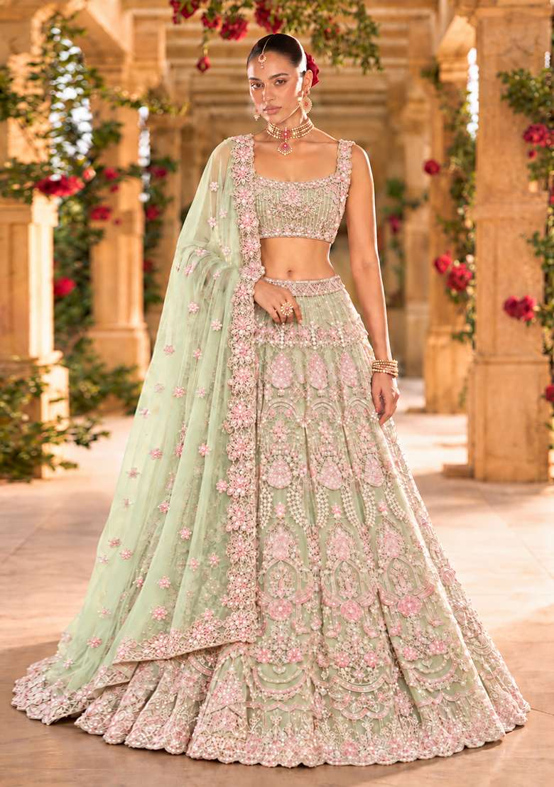 Pastel Green Bead and Cutdana Embellished Organza Lehenga Set with Net Dupatta - Indya