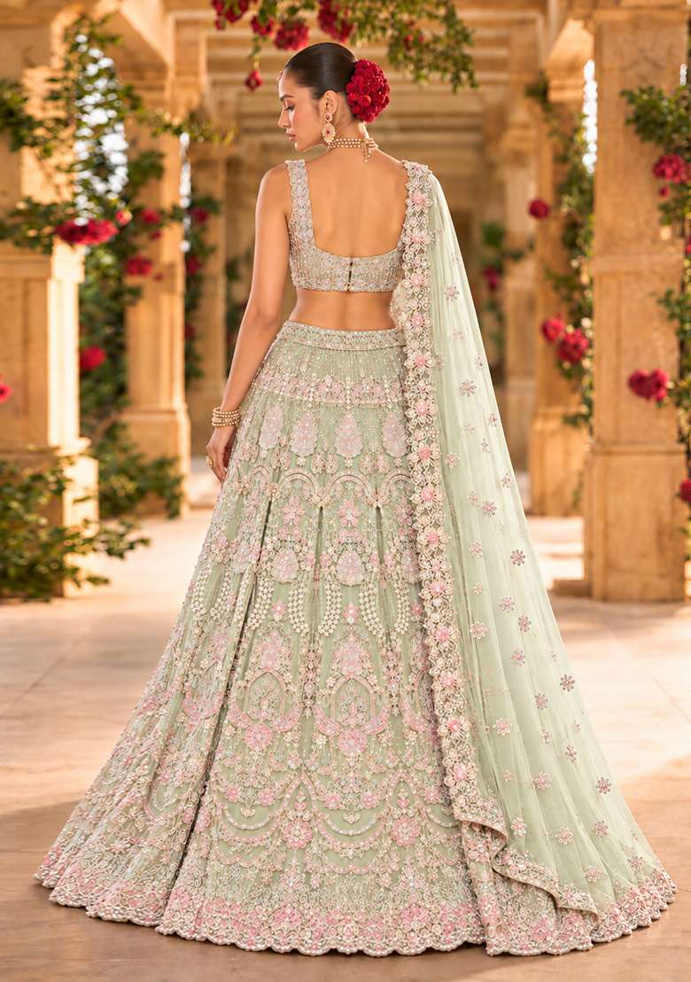 Pastel Green Bead and Cutdana Embellished Organza Lehenga Set with Net Dupatta - Indya