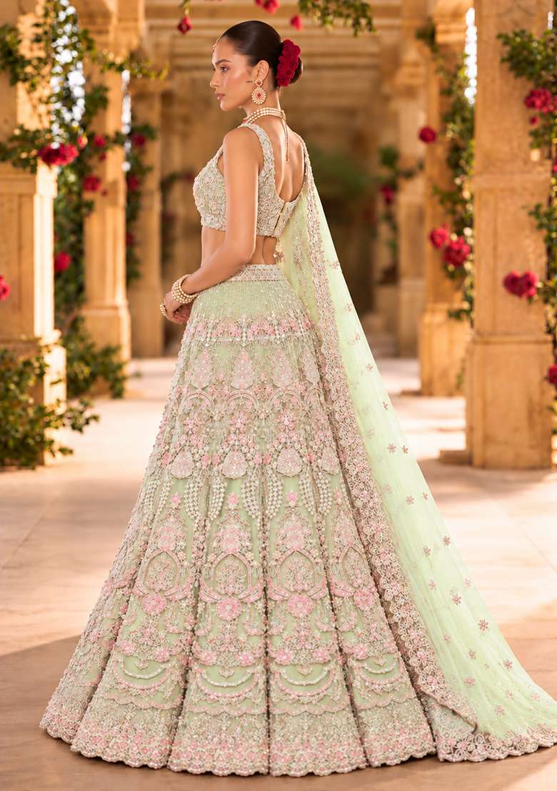 Pastel Green Bead and Cutdana Embellished Organza Lehenga Set with Net Dupatta - Indya