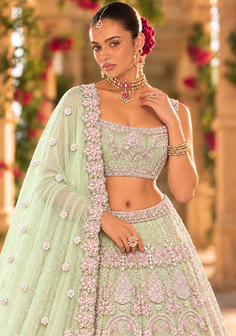 Pastel Green Bead and Cutdana Embellished Organza Lehenga Set with Net Dupatta - Indya