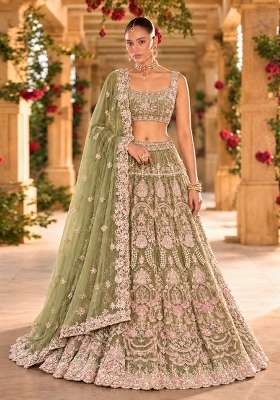 Olive Green Bead and Cutdana Embellished Organza Lehenga Set with Net Dupatta