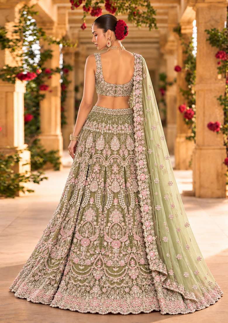 Olive Green Bead and Cutdana Embellished Organza Lehenga Set with Net Dupatta - Indya