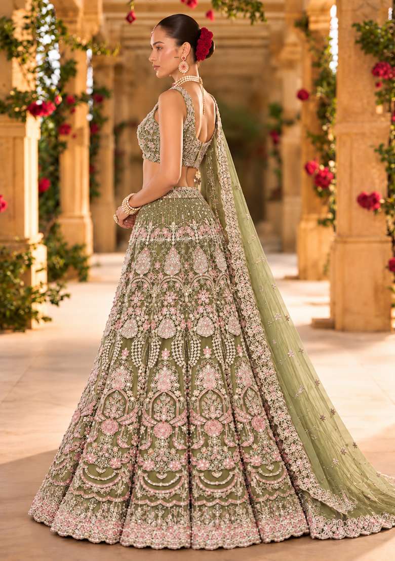Olive Green Bead and Cutdana Embellished Organza Lehenga Set with Net Dupatta - Indya