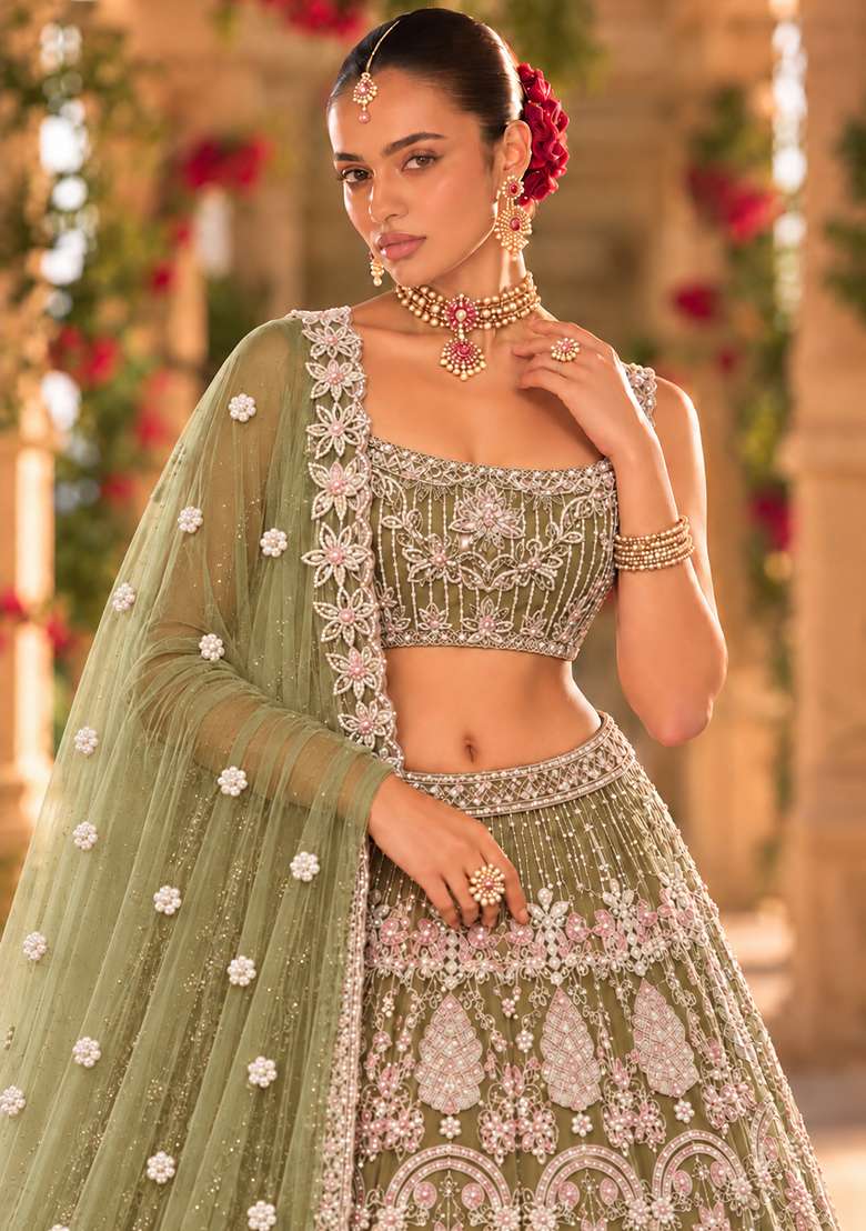 Olive Green Bead and Cutdana Embellished Organza Lehenga Set with Net Dupatta - Indya