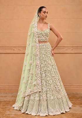 Light Lime Bead and Cutdana Embellished Net Lehenga Set with Matching Dupatta