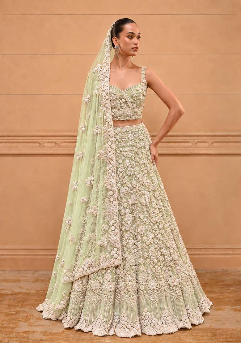 Light Lime Bead and Cutdana Embellished Net Lehenga Set with Matching Dupatta - Indya