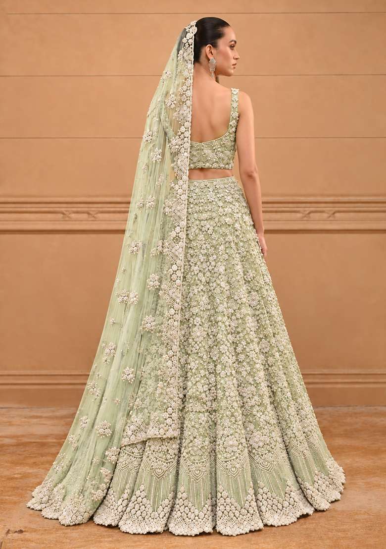 Light Lime Bead and Cutdana Embellished Net Lehenga Set with Matching Dupatta - Indya