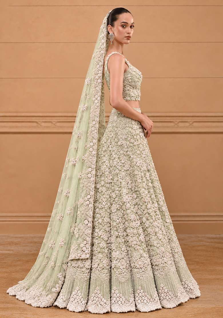Light Lime Bead and Cutdana Embellished Net Lehenga Set with Matching Dupatta - Indya