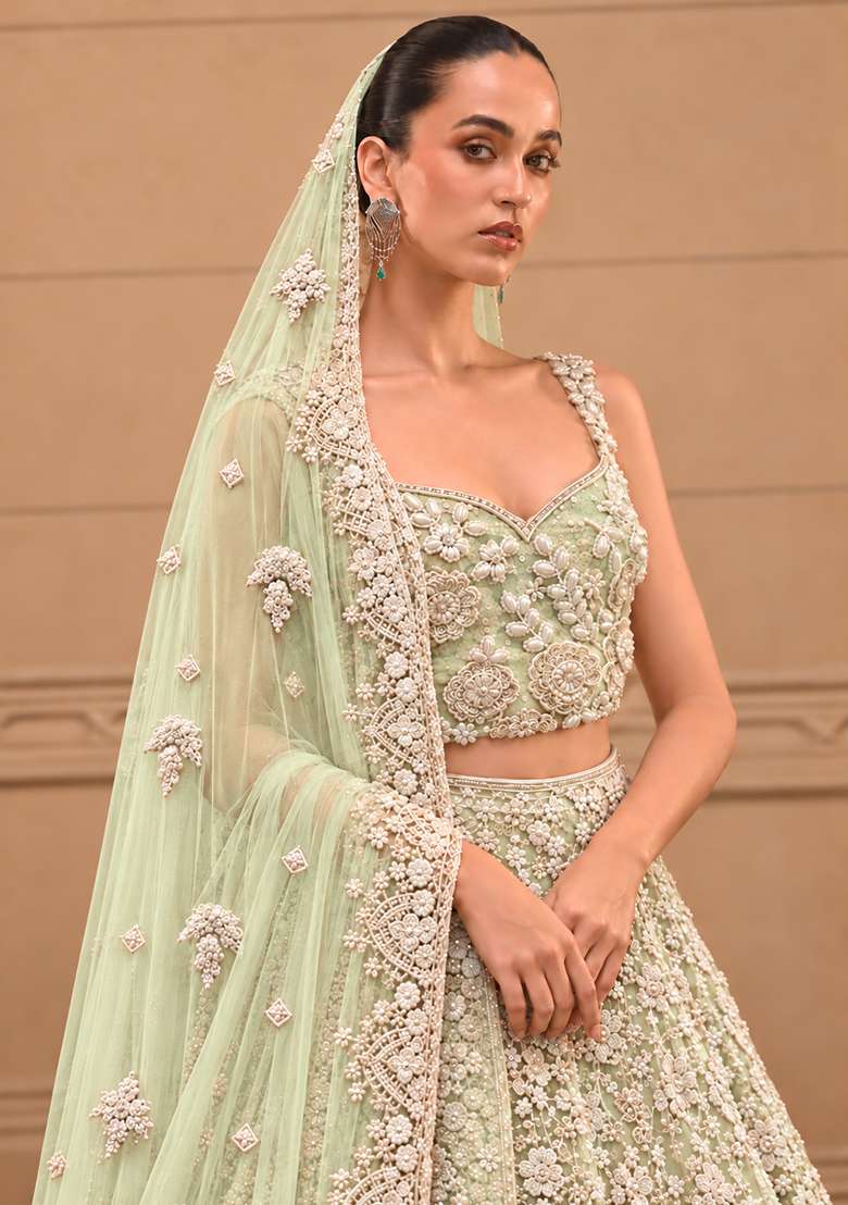 Light Lime Bead and Cutdana Embellished Net Lehenga Set with Matching Dupatta - Indya
