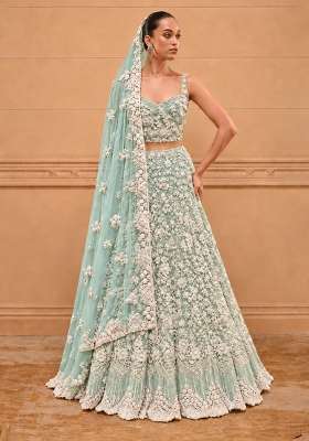 Ocean Blue Bead and Cutdana Embellished Net Lehenga Set with Matching Dupatta