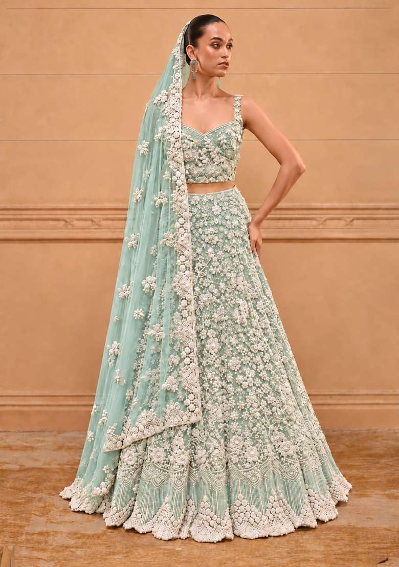 Ocean Blue Bead and Cutdana Embellished Net Lehenga Set with Matching Dupatta - Indya