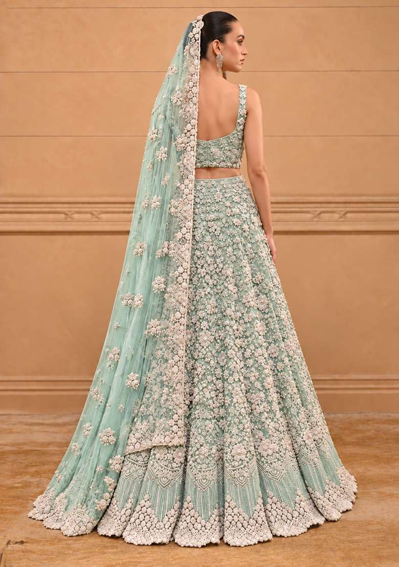 Ocean Blue Bead and Cutdana Embellished Net Lehenga Set with Matching Dupatta - Indya