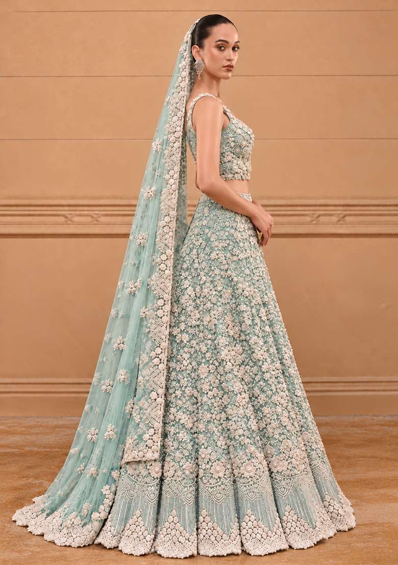 Ocean Blue Bead and Cutdana Embellished Net Lehenga Set with Matching Dupatta - Indya