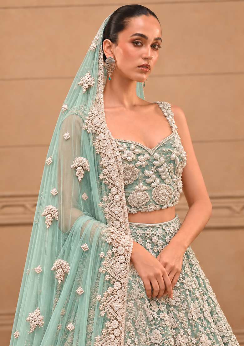 Ocean Blue Bead and Cutdana Embellished Net Lehenga Set with Matching Dupatta - Indya