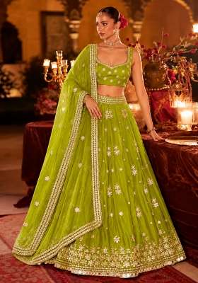 Lime Yellow Mirror Work Georgette Lehenga Set with Matching Dupatta