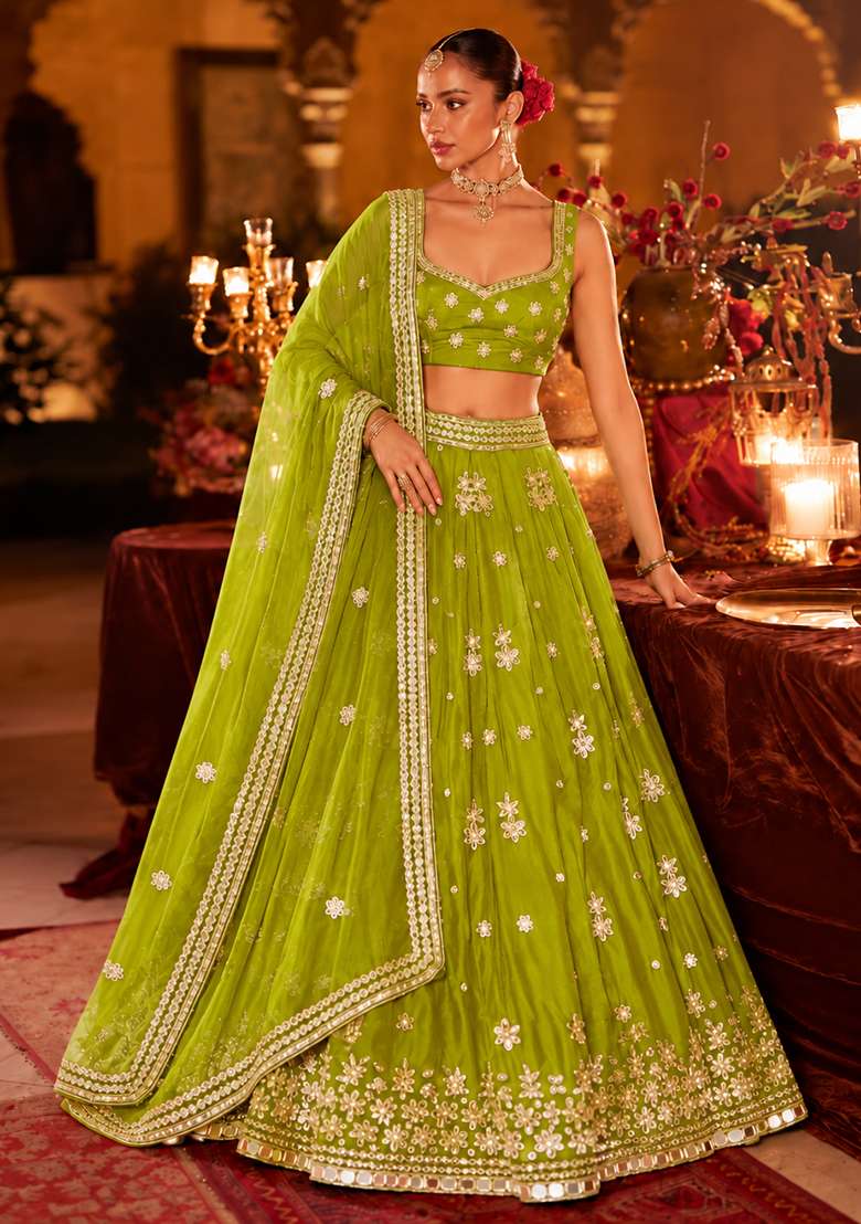 Lime Yellow Mirror Work Georgette Lehenga Set with Matching Dupatta - Indya