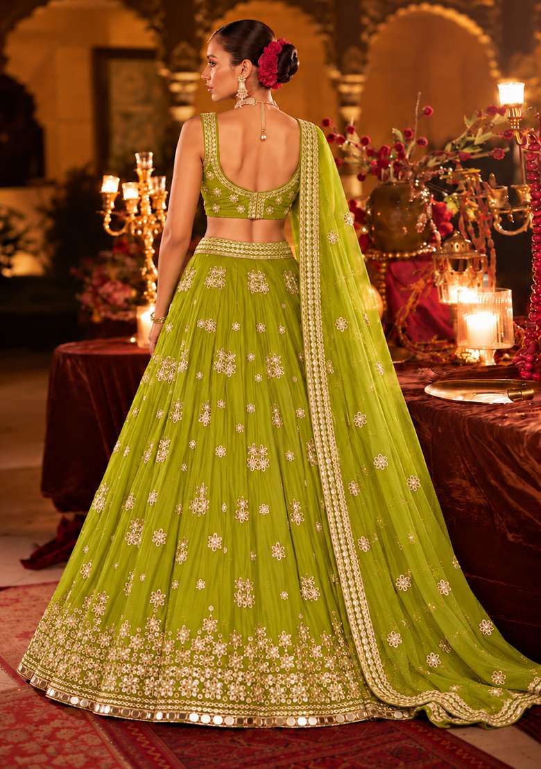 Lime Yellow Mirror Work Georgette Lehenga Set with Matching Dupatta - Indya
