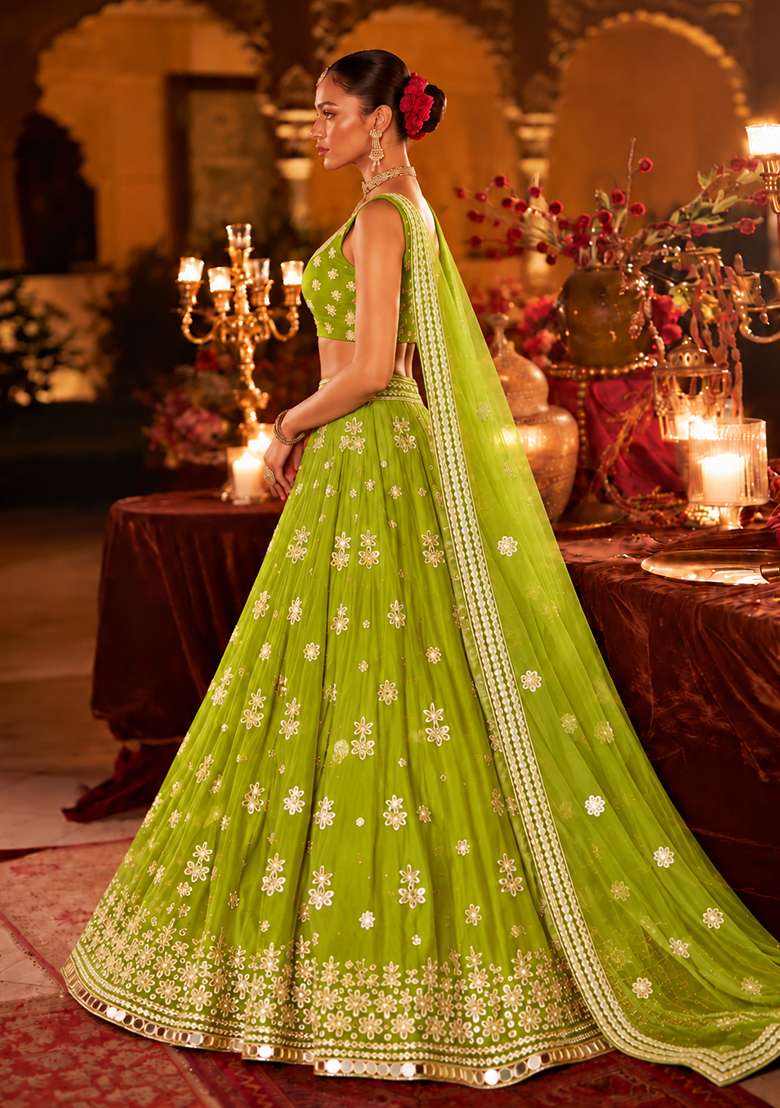 Lime Yellow Mirror Work Georgette Lehenga Set with Matching Dupatta - Indya