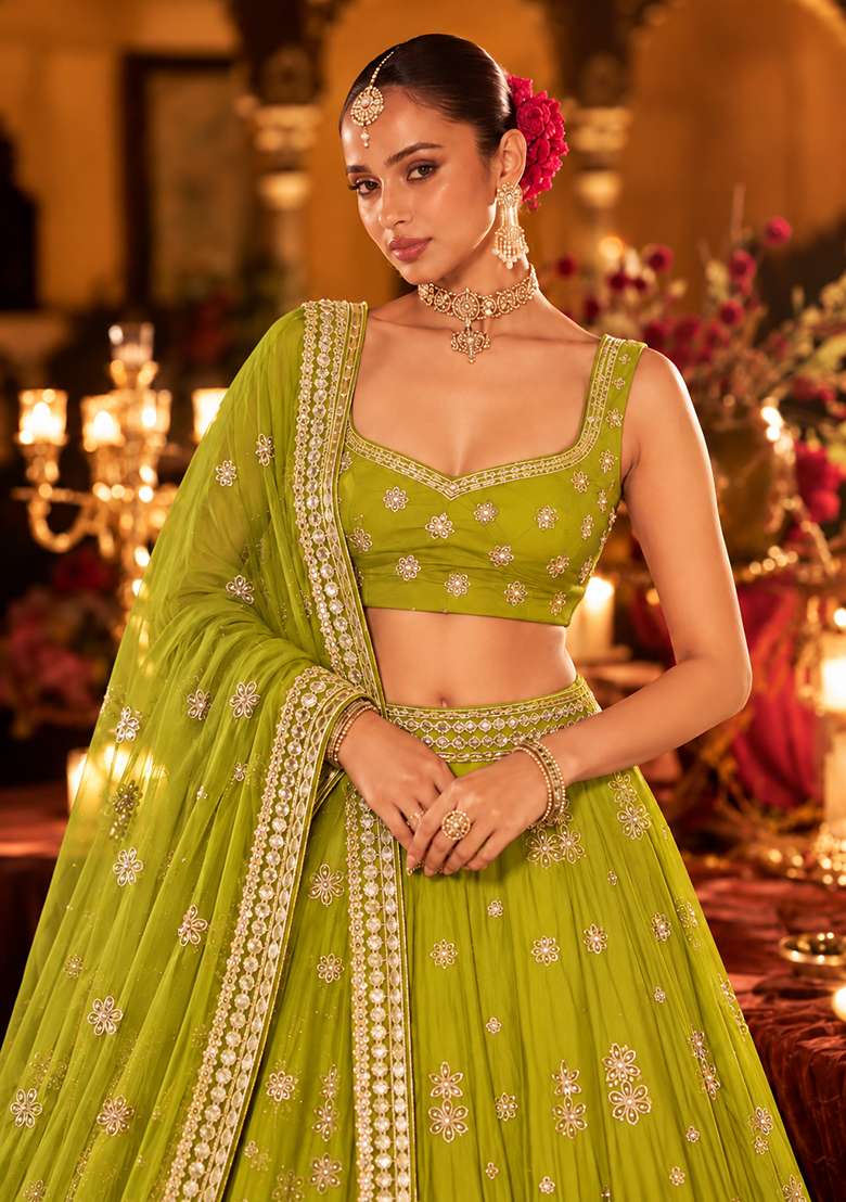 Lime Yellow Mirror Work Georgette Lehenga Set with Matching Dupatta - Indya