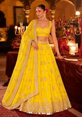 Yellow Mirror Work Georgette Lehenga Set with Matching Dupatta