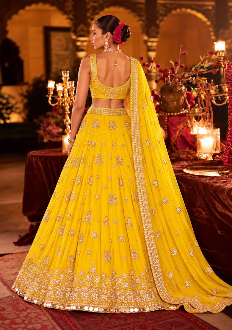 Yellow Mirror Work Georgette Lehenga Set with Matching Dupatta - Indya