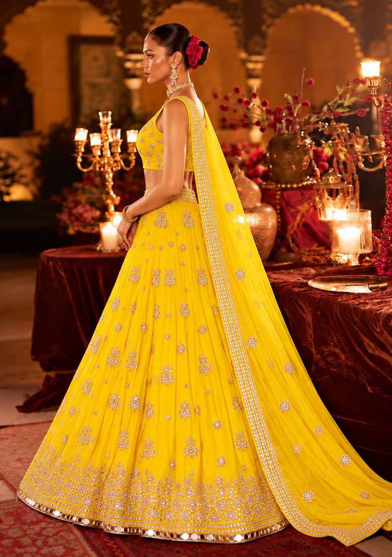 Yellow Mirror Work Georgette Lehenga Set with Matching Dupatta - Indya